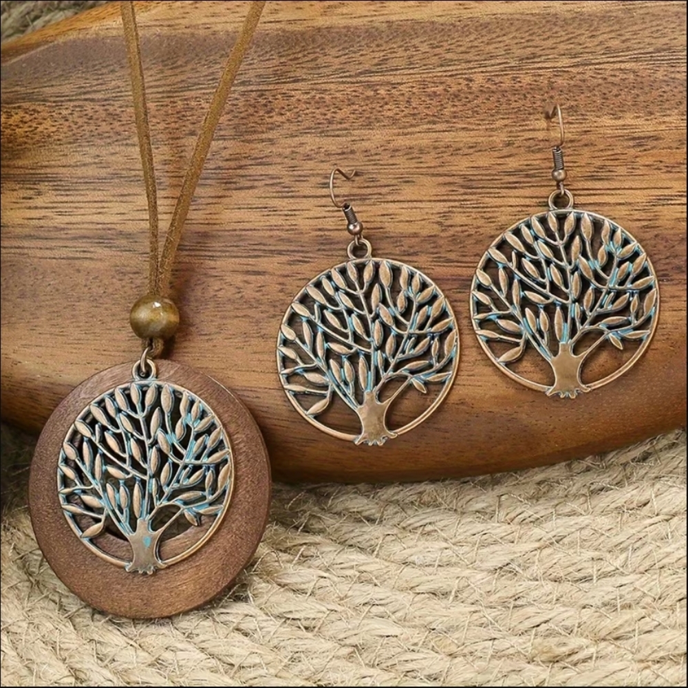 HOLD 3pca. Bronze-Tone Tree of Life Necklace and Earring Set in Turquoise Accent